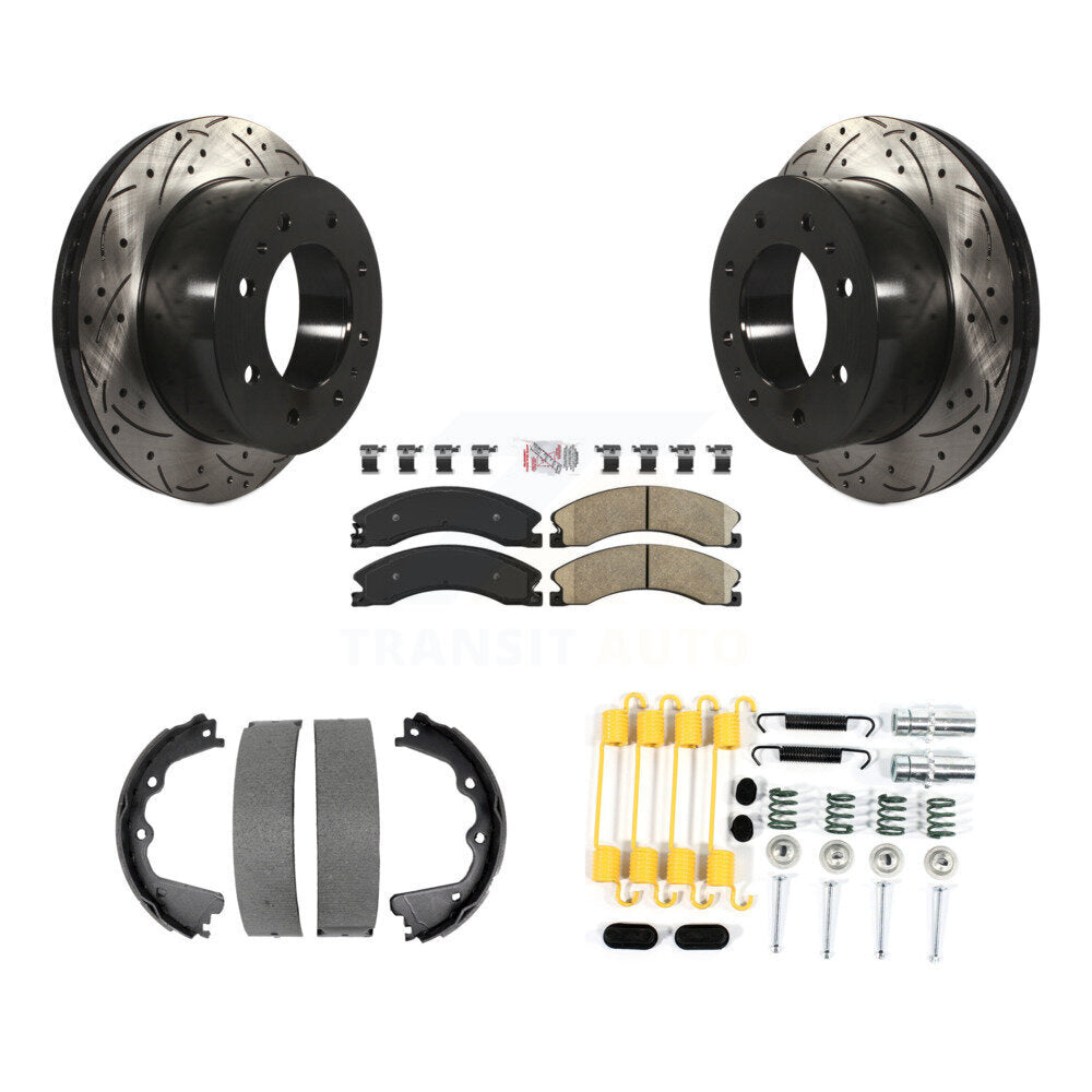 Rear Disc Drilled & Slotted Rotors Ceramic Pads Parking Shoes Hardware Kit For GMC Sierra KDA-103741