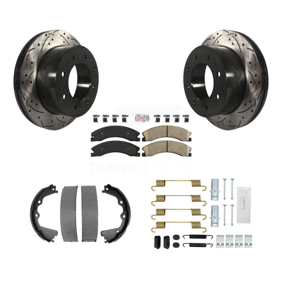 Rear Disc Drilled & Slotted Rotors Ceramic Pads Parking Shoes Hardware Kit For GMC Sierra KDA-103747