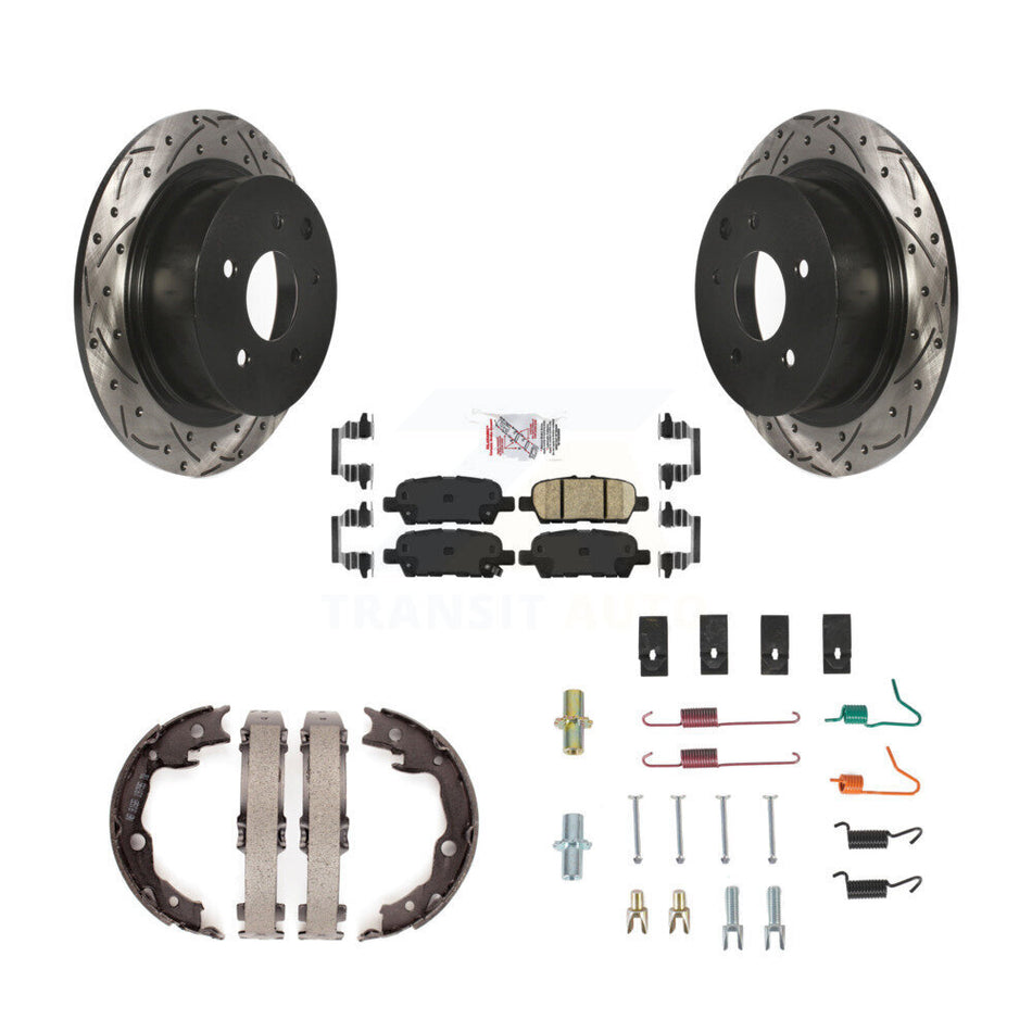 Rear Disc Drilled & Slotted Rotors Ceramic Pads Parking Shoes And Hardware Kit For Nissan KDA-103750