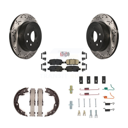 Rear Disc Drilled & Slotted Rotors Ceramic Pads Parking Shoes And Hardware Kit For Nissan KDA-103752