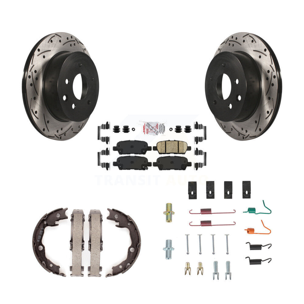 Rear Disc Drilled & Slotted Rotors Ceramic Pads Parking Shoes And Hardware Kit For Nissan KDA-103753