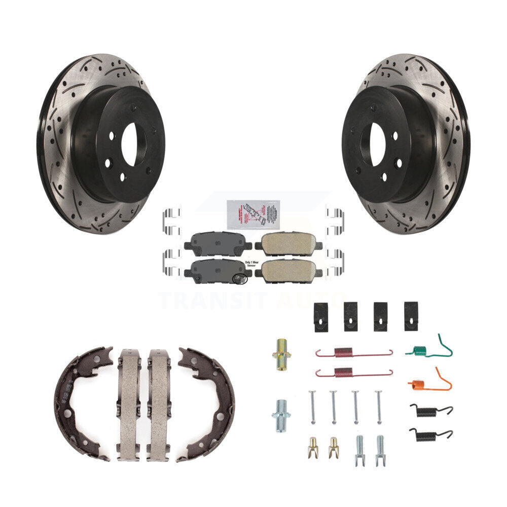 Rear Disc Drilled & Slotted Rotors Ceramic Pads Parking Shoes And Hardware Kit For Nissan KDA-103754