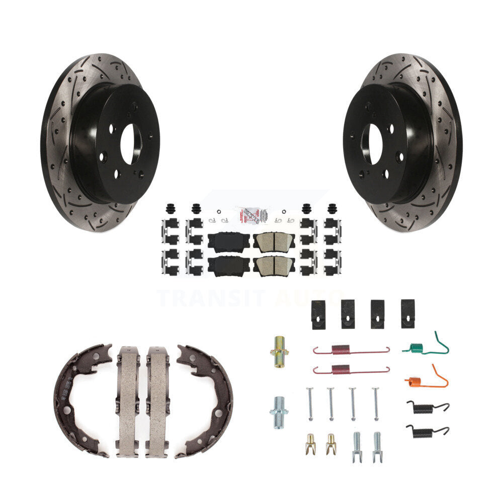 Rear Disc Drilled & Slotted Rotors Ceramic Pads Parking Shoes And Hardware Kit For Toyota KDA-103758