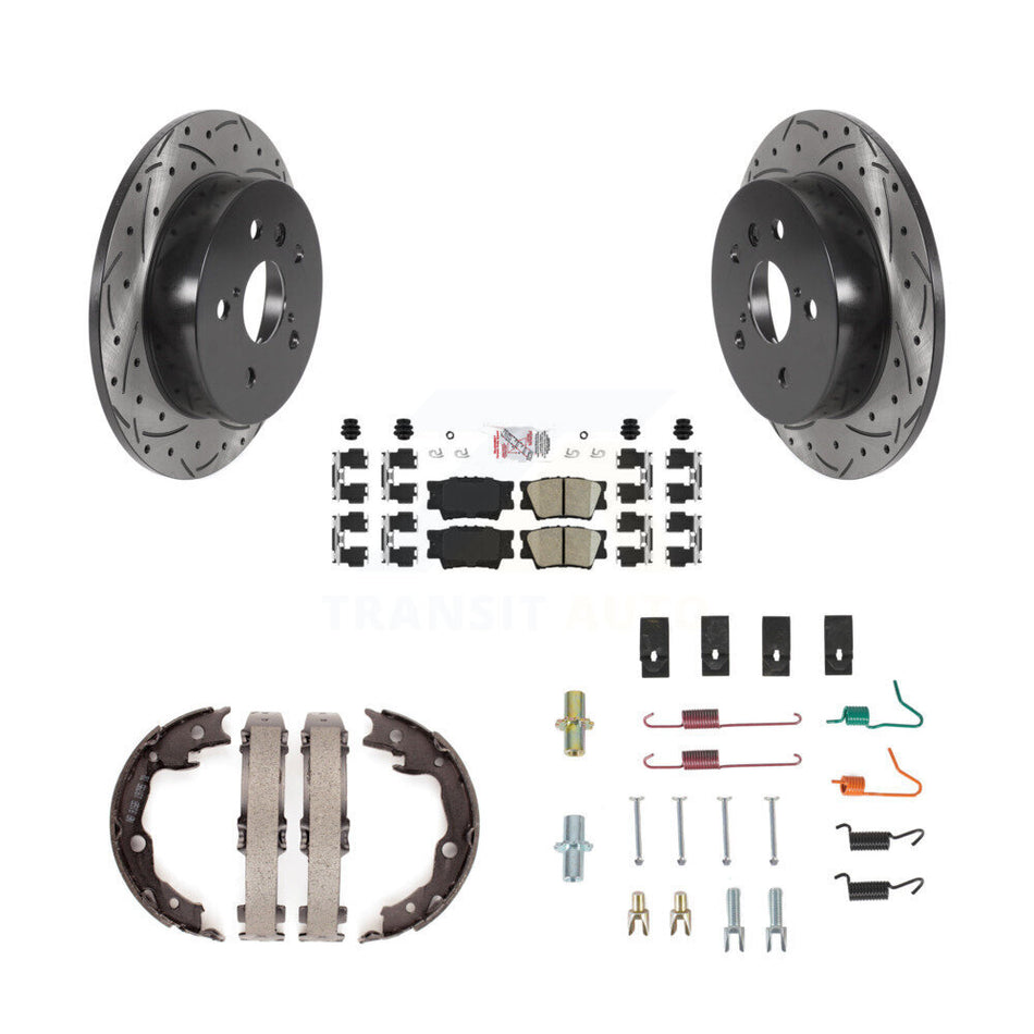 Rear Disc Drilled & Slotted Rotors Ceramic Pads Parking Brake Shoes And Hardware Kit For KDA-103762