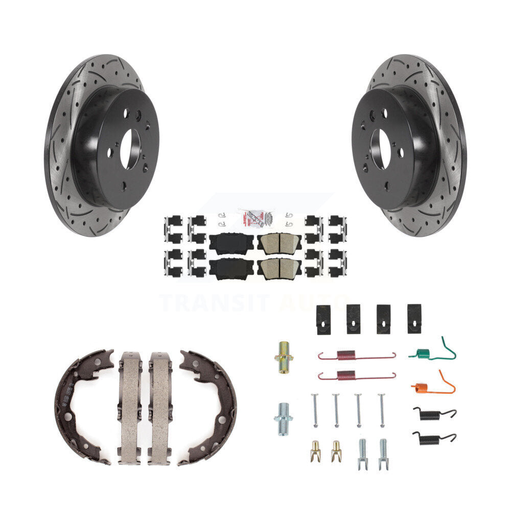 Rear Disc Drilled & Slotted Rotors Ceramic Pads Parking Brake Shoes And Hardware Kit For KDA-103763