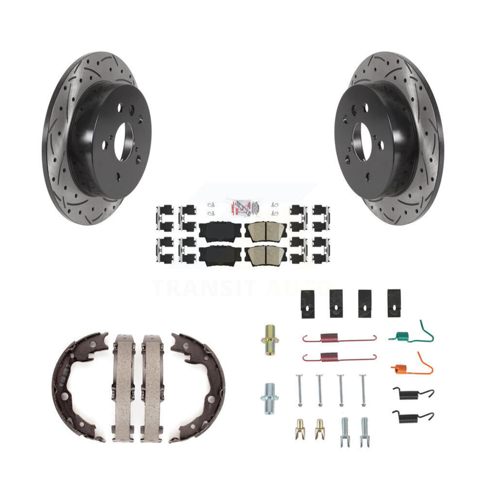 Rear Disc Drilled & Slotted Rotors Ceramic Pads Parking Brake Shoes And Hardware Kit For KDA-103763