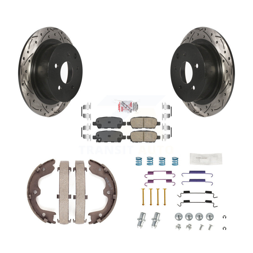 Rear Disc Drilled & Slotted Rotors Ceramic Pads Parking Brake Shoes And Hardware Kit For KDA-103767