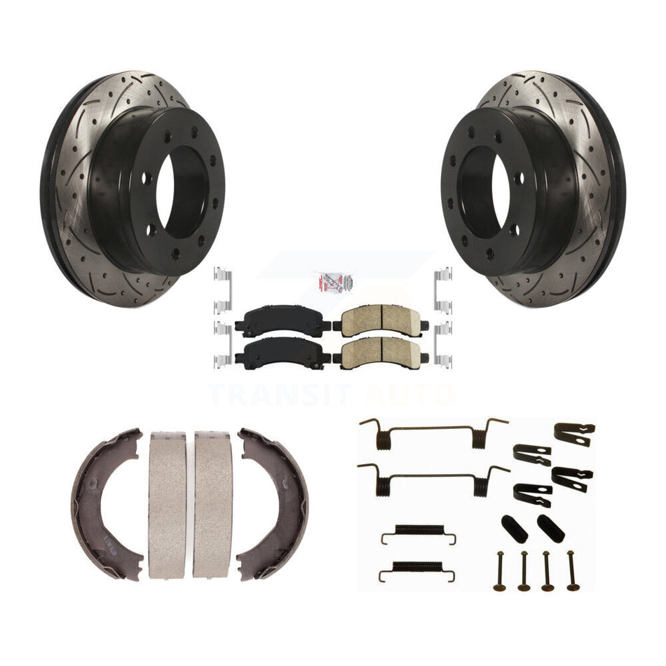 Rear Disc Drilled & Slotted Rotors Ceramic Pads Parking Shoes Hardware Kit For Chevrolet KDA-103768