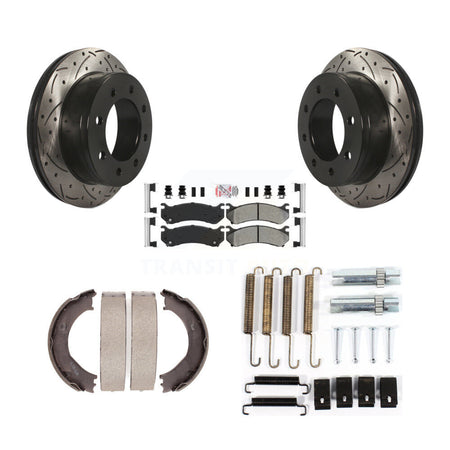 Rear Disc Drilled & Slotted Rotors Semi-Metallic Pads Parking Shoes Hardware Kit For GMC KDA-103771