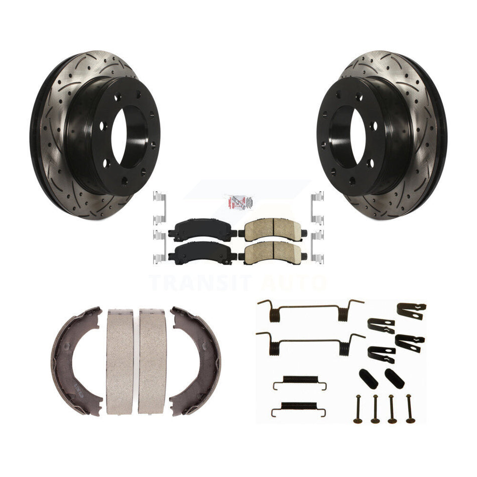 Rear Disc Drilled & Slotted Rotors Ceramic Pads Parking Shoes Hardware Kit For Chevrolet KDA-103772
