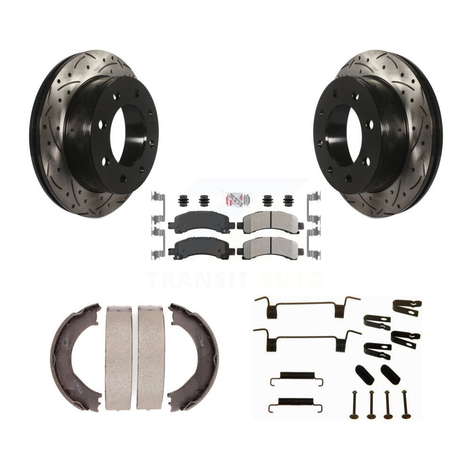 Rear Disc Drilled & Slotted Rotors Semi-Metallic Pads Parking Shoes Hardware Kit For 3500 KDA-103773
