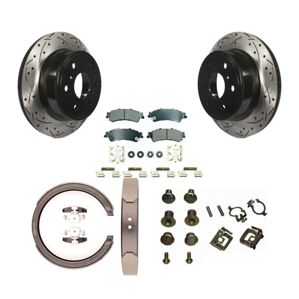 Rear Disc Drilled & Slotted Rotors Semi-Metallic Pads Parking Shoes And Hardware Kit For KDA-103775