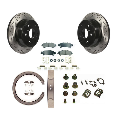 Rear Disc Drilled & Slotted Rotors Semi-Metallic Pads Parking Shoes And Hardware Kit For KDA-103775