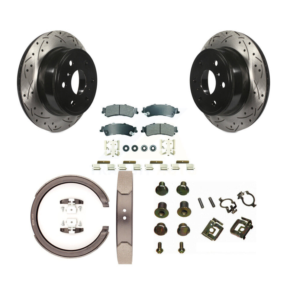 Rear Disc Drilled & Slotted Rotors Semi-Metallic Pads Parking Shoes And Hardware Kit For KDA-103775