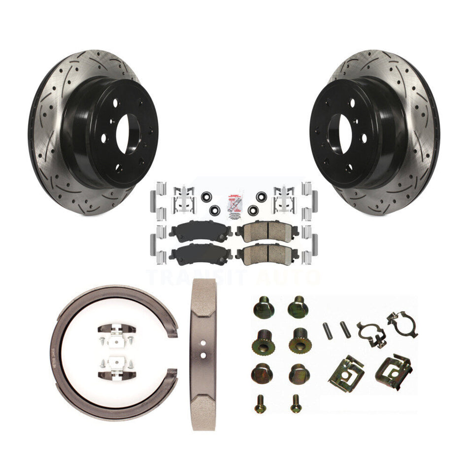 Rear Disc Drilled & Slotted Rotors Ceramic Pads Parking Brake Shoes And Hardware Kit For KDA-103776