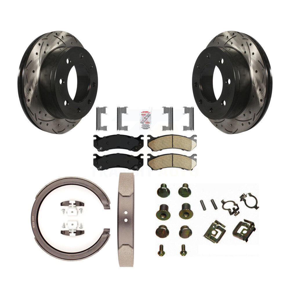 Rear Disc Drilled & Slotted Rotors Ceramic Pads Parking Shoes Hardware Kit For GMC Sierra KDA-103779