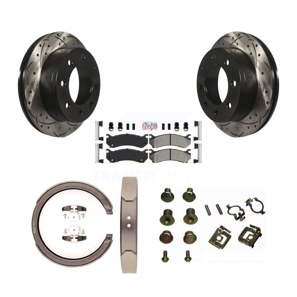Rear Disc Drilled & Slotted Rotors Semi-Metallic Pads Parking Shoes Hardware Kit For GMC KDA-103780