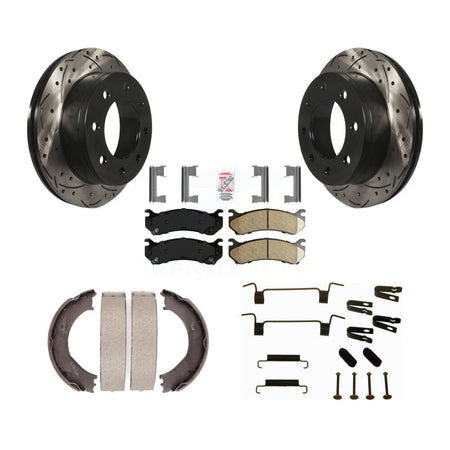 Rear Disc Drilled & Slotted Rotors Ceramic Pads Parking Shoes Hardware Kit For Chevrolet KDA-103781