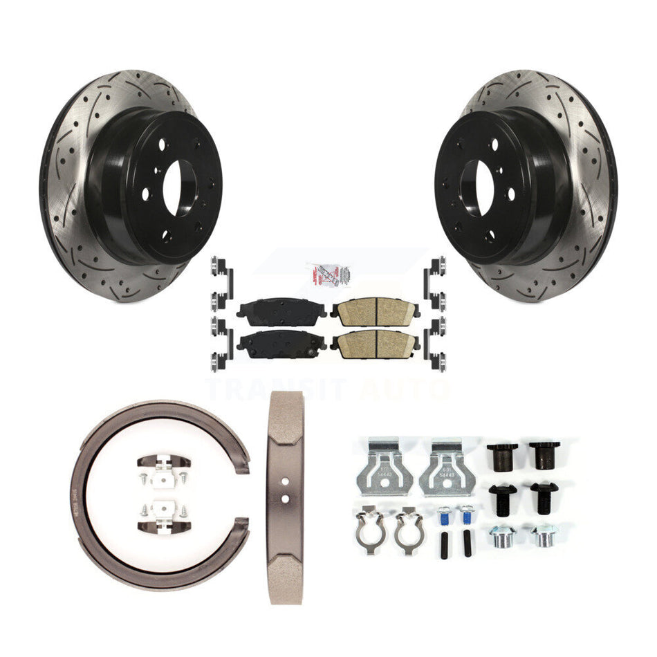 Rear Disc Drilled & Slotted Rotors Ceramic Pads Parking Shoes Hardware Kit For Chevrolet KDA-103786