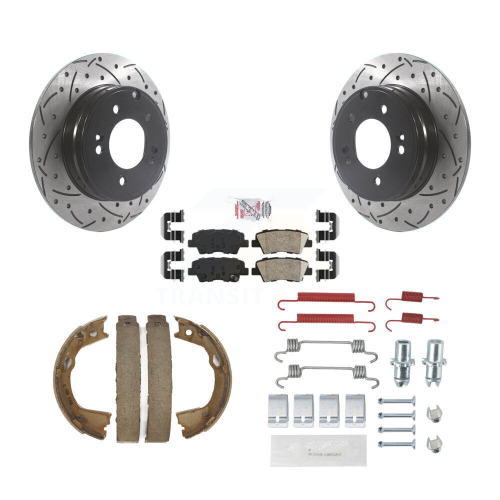 Rear Disc Drilled & Slotted Rotors Ceramic Pads Parking Shoes Hardware Kit For Hyundai KDA-103790