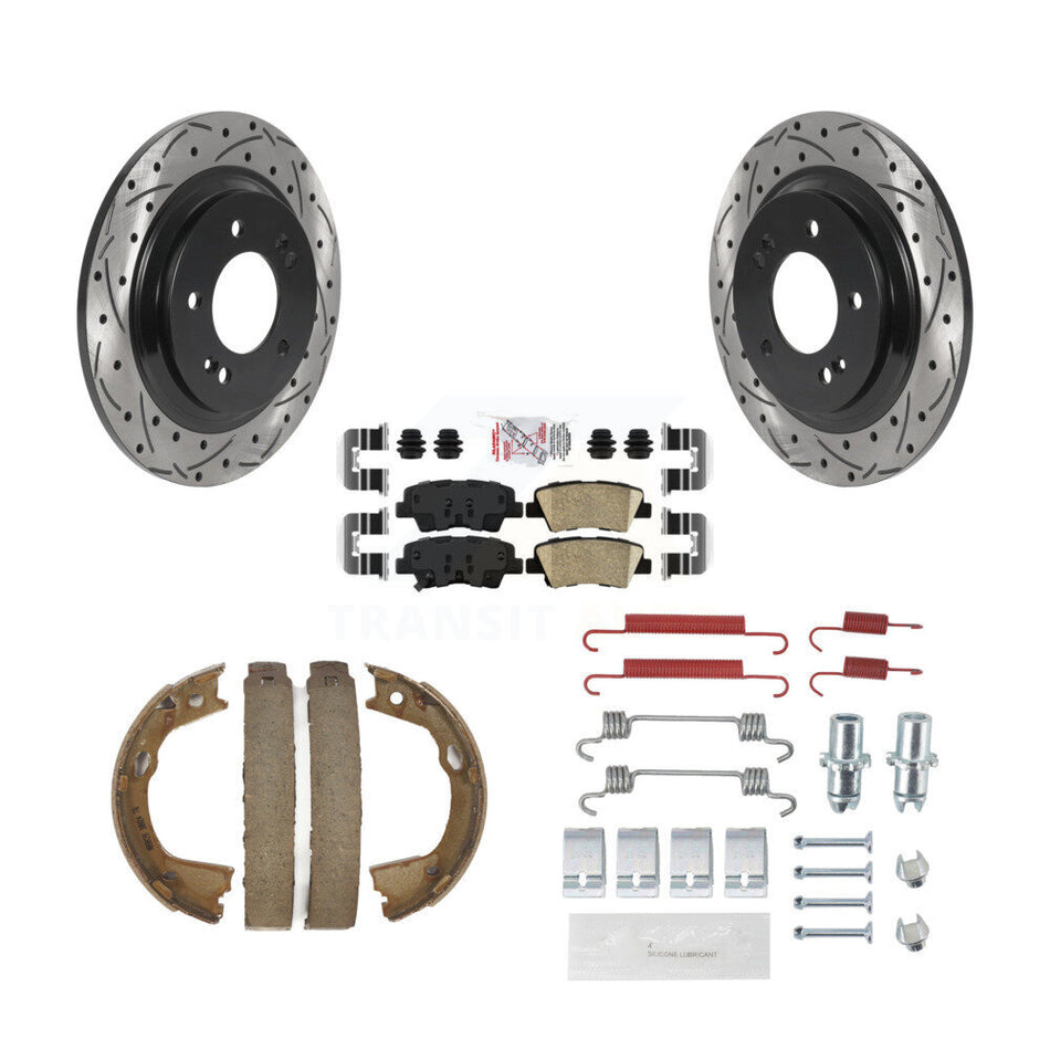 Rear Disc Drilled & Slotted Rotors Ceramic Pads Parking Shoes Hardware Kit For Kia Optima KDA-103792