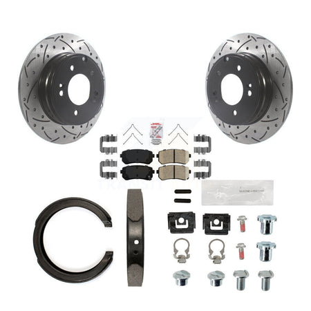 Rear Disc Drilled & Slotted Rotors Ceramic Pads Parking Shoes Hardware Kit For Kia Optima KDA-103797