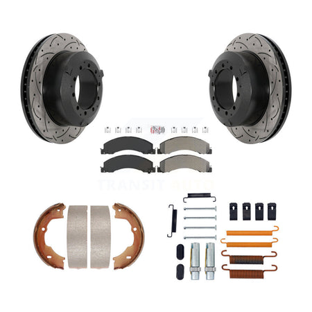 Rear Disc Drilled & Slotted Rotors Semi-Metallic Pads Parking Shoes Hardware Kit For Ram KDA-103799