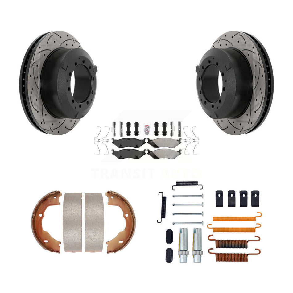 Rear Disc Drilled & Slotted Rotors Semi-Metallic Pads Parking Shoes Hardware Kit For Ford KDA-103800