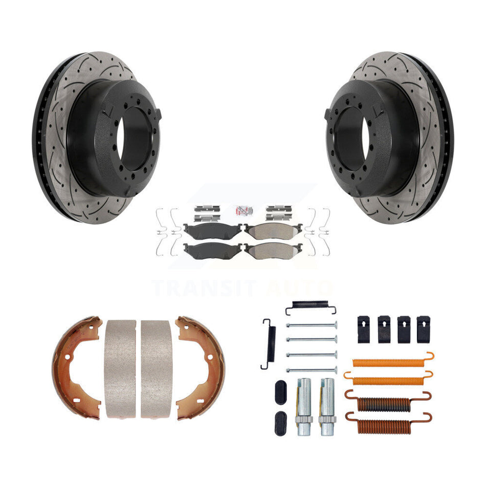 Rear Disc Drilled & Slotted Rotors Semi-Metallic Pads Parking Shoes Hardware Kit For Ford KDA-103801