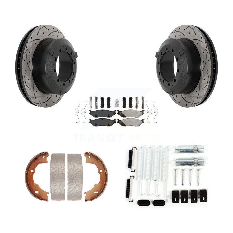 Rear Disc Drilled & Slotted Rotors Semi-Metallic Pads Parking Shoes And Hardware Kit For KDA-103802