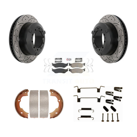 Rear Disc Drilled & Slotted Rotors Semi-Metallic Pads Parking Shoes And Hardware Kit For KDA-103805