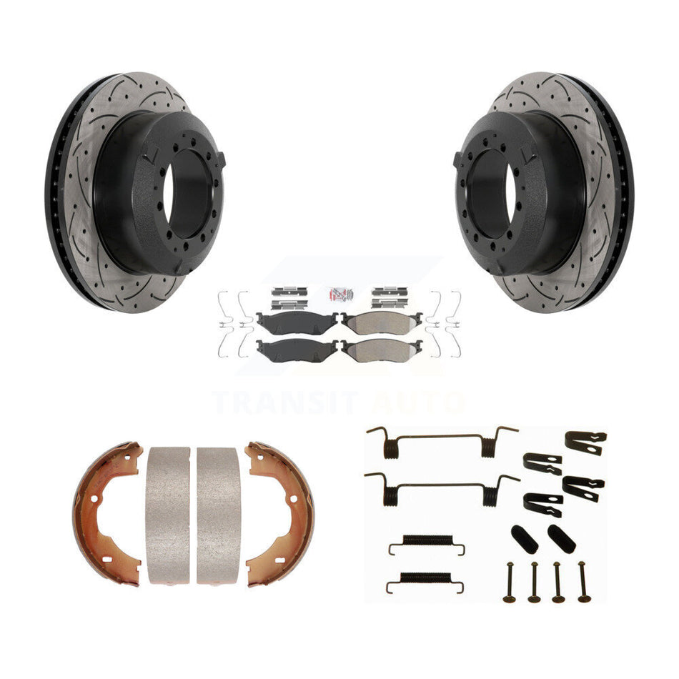 Rear Disc Drilled & Slotted Rotors Semi-Metallic Pads Parking Shoes And Hardware Kit For KDA-103805