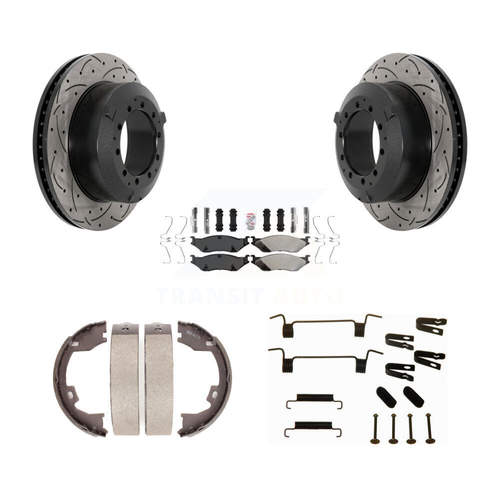 Rear Disc Drilled & Slotted Rotors Semi-Metallic Pads Parking Shoes Hardware Kit For Ford KDA-103806