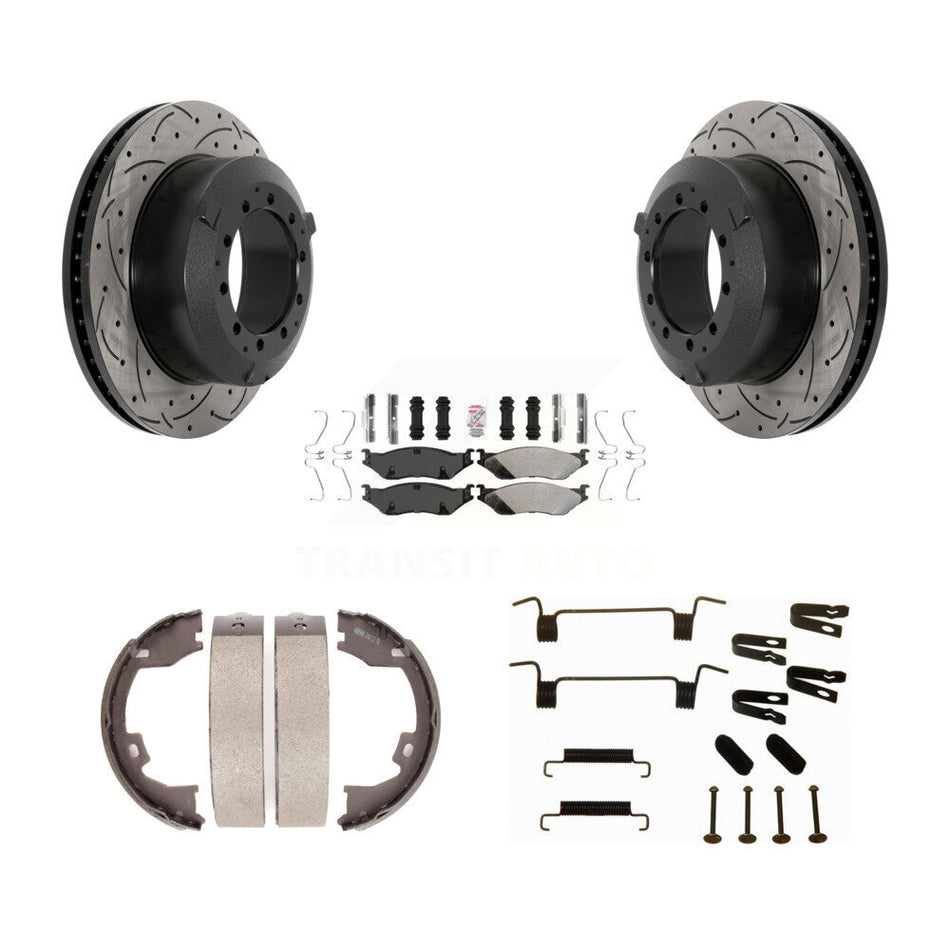 Rear Disc Drilled & Slotted Rotors Semi-Metallic Pads Parking Shoes Hardware Kit For Ford KDA-103806