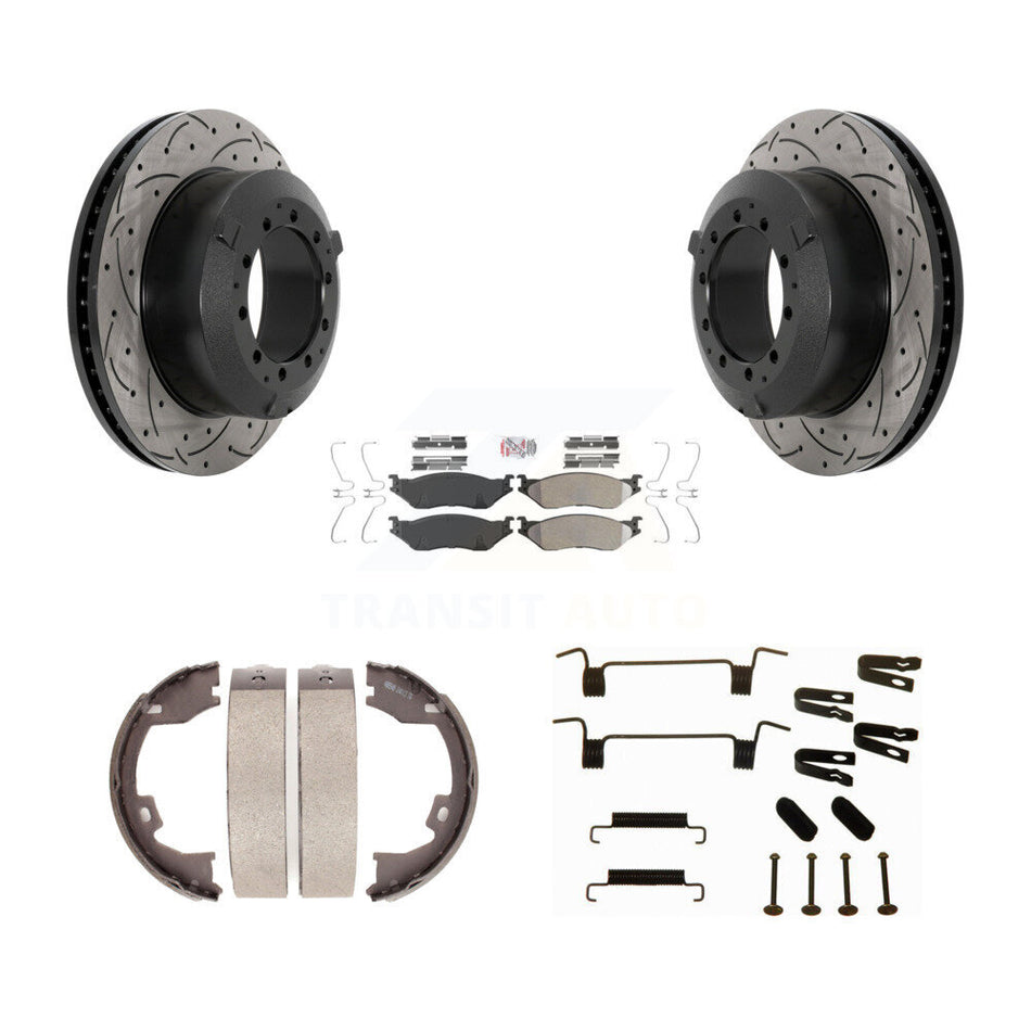Rear Disc Drilled & Slotted Rotors Semi-Metallic Pads Parking Shoes Hardware Kit For Ford KDA-103807