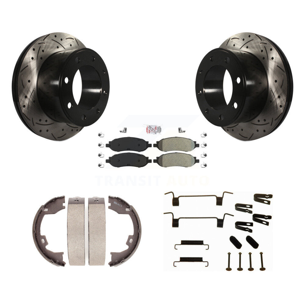 Rear Disc Drilled & Slotted Rotors Semi-Metallic Pads Parking Shoes Hardware Kit For Ford KDA-103809