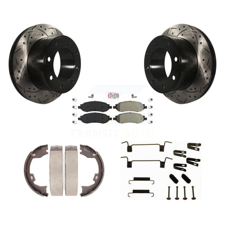 Rear Disc Drilled & Slotted Rotors Semi-Metallic Pads Parking Shoes Hardware Kit For Ford KDA-103809