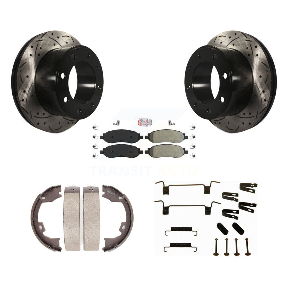 Rear Disc Drilled & Slotted Rotors Semi-Metallic Pads Parking Shoes Hardware Kit For Ford KDA-103809