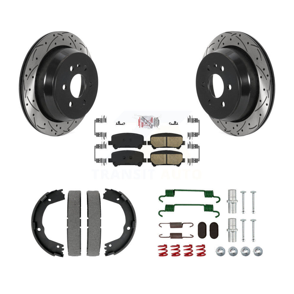 Rear Disc Drilled & Slotted Rotors Ceramic Pads Parking Shoes Hardware Kit For Chevrolet KDA-103810