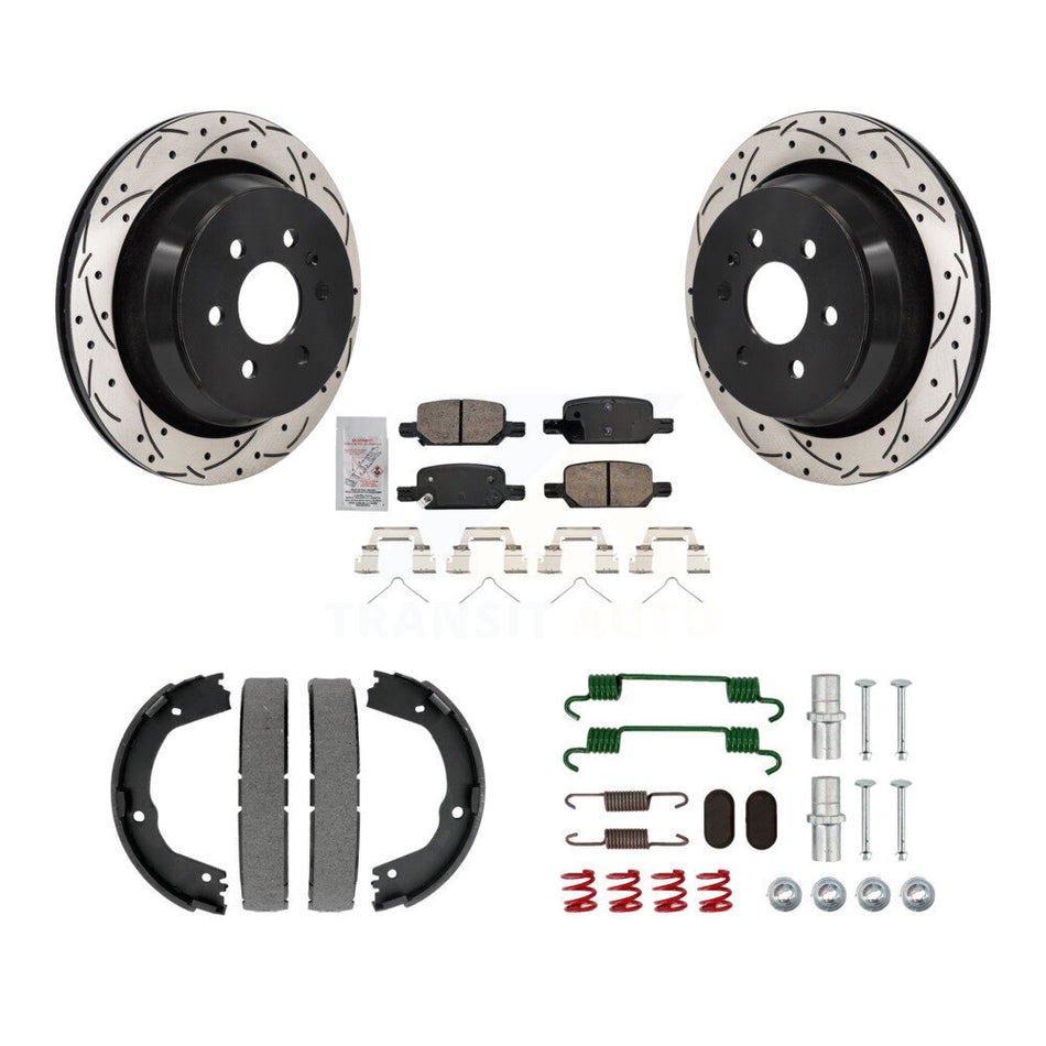 Rear Disc Drilled & Slotted Rotors Ceramic Pads Parking Shoes Hardware Kit For Chevrolet KDA-103812