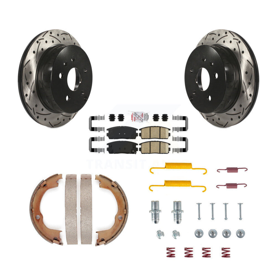 Rear Disc Drilled & Slotted Rotors Ceramic Pads Parking Shoes Hardware Kit For Chevrolet KDA-103813