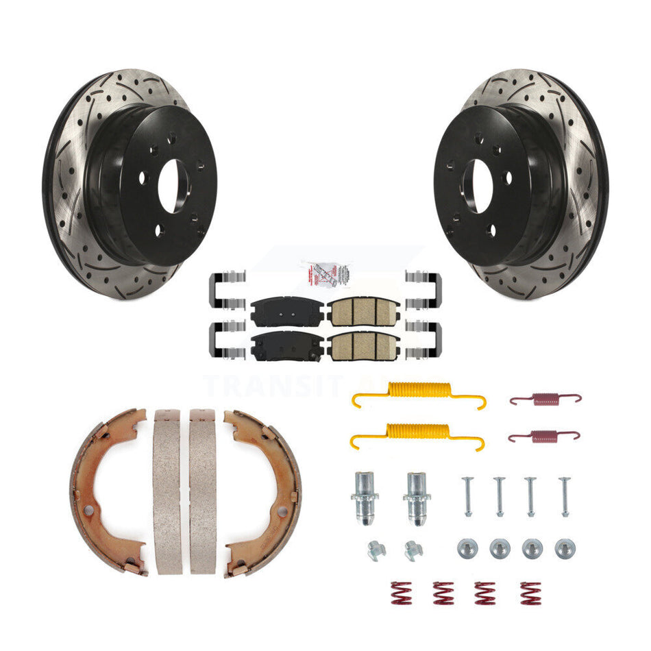 Rear Disc Drilled & Slotted Rotors Ceramic Pads Parking Shoes Hardware Kit For Chevrolet KDA-103814
