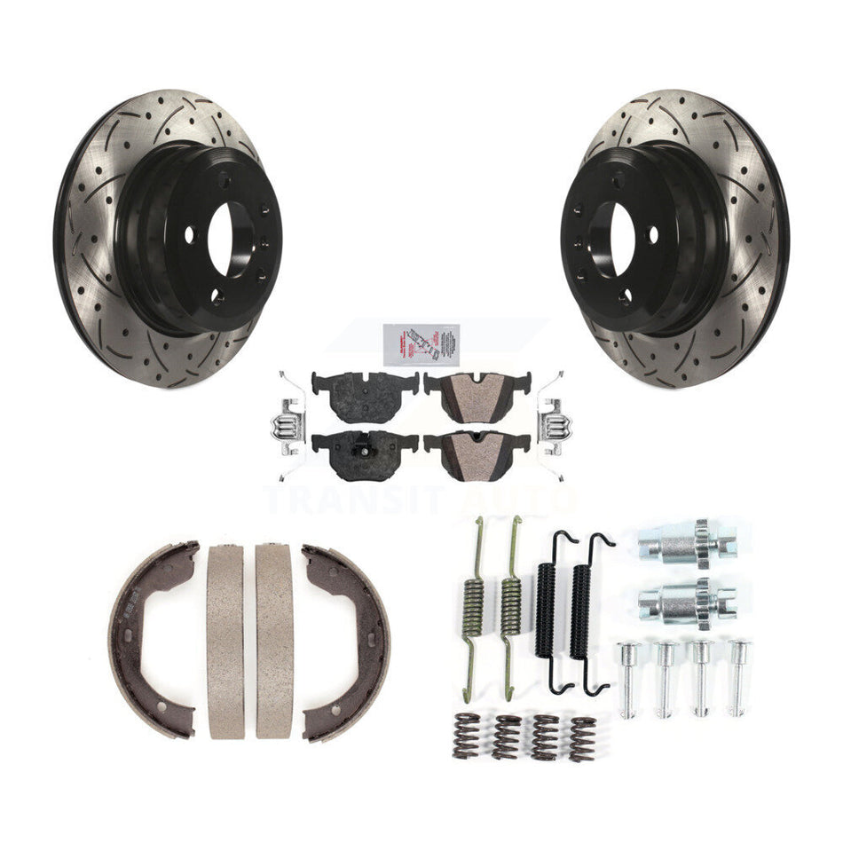 Rear Disc Drilled & Slotted Rotors Semi-Metallic Pads Parking Shoes Hardware Kit For BMW KDA-103815