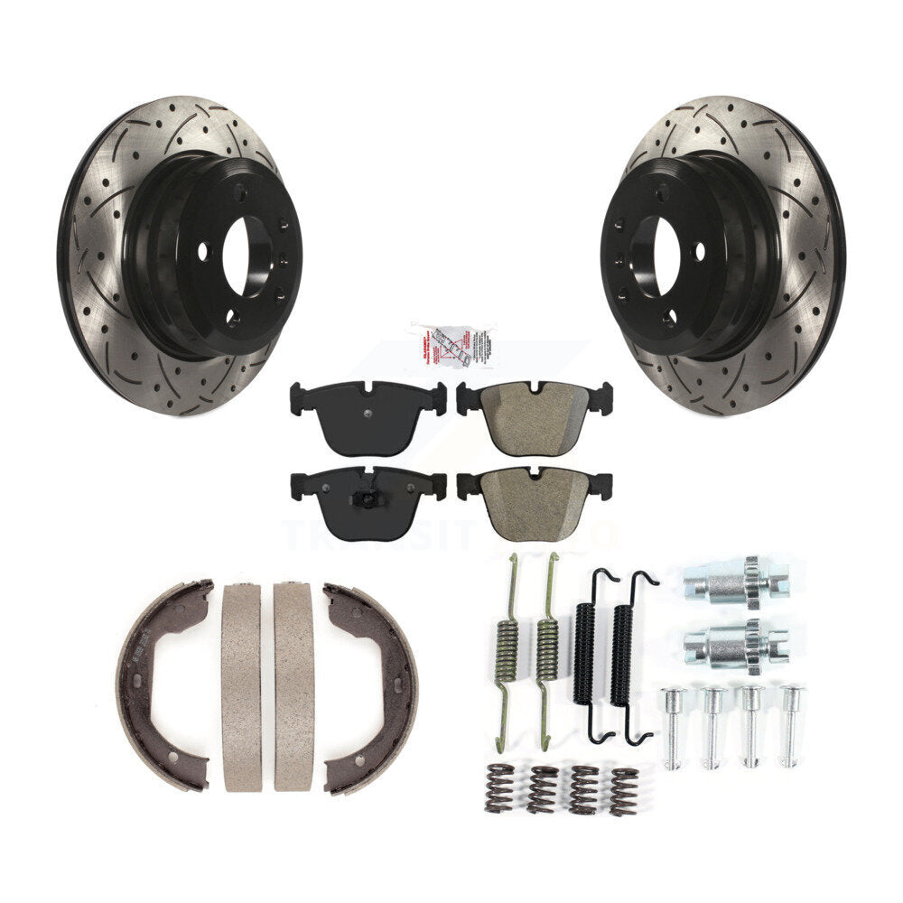Rear Disc Drilled & Slotted Rotors Semi-Metallic Pads Parking Shoes And Hardware Kit For KDA-103816