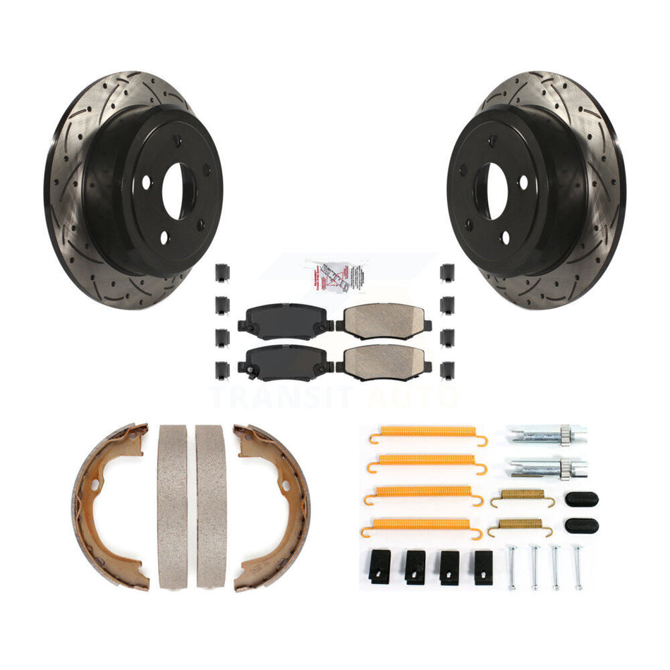 Rear Disc Drilled & Slotted Rotors Ceramic Pads Parking Shoes Hardware Kit For Jeep JK KDA-103817