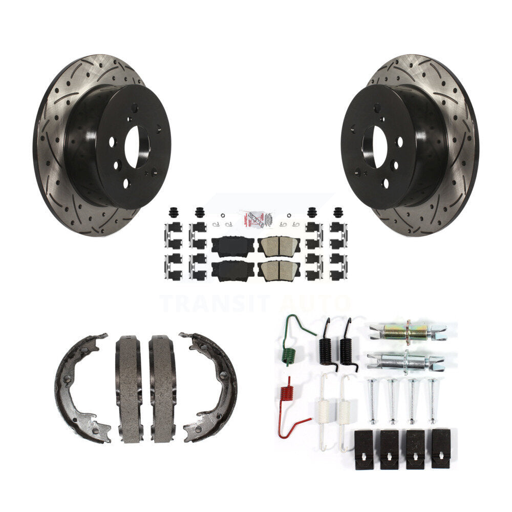Rear Disc Drilled & Slotted Rotors Ceramic Pads Parking Shoes And Hardware Kit For Toyota KDA-103819