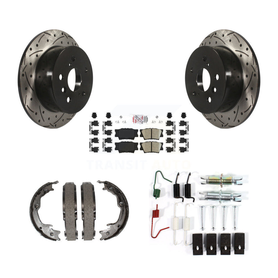 Rear Disc Drilled & Slotted Rotors Ceramic Pads Parking Shoes And Hardware Kit For Toyota KDA-103819