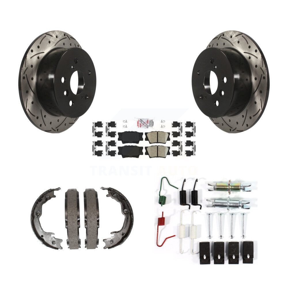 Rear Disc Drilled & Slotted Rotors Ceramic Pads Parking Shoes And Hardware Kit For Toyota KDA-103820