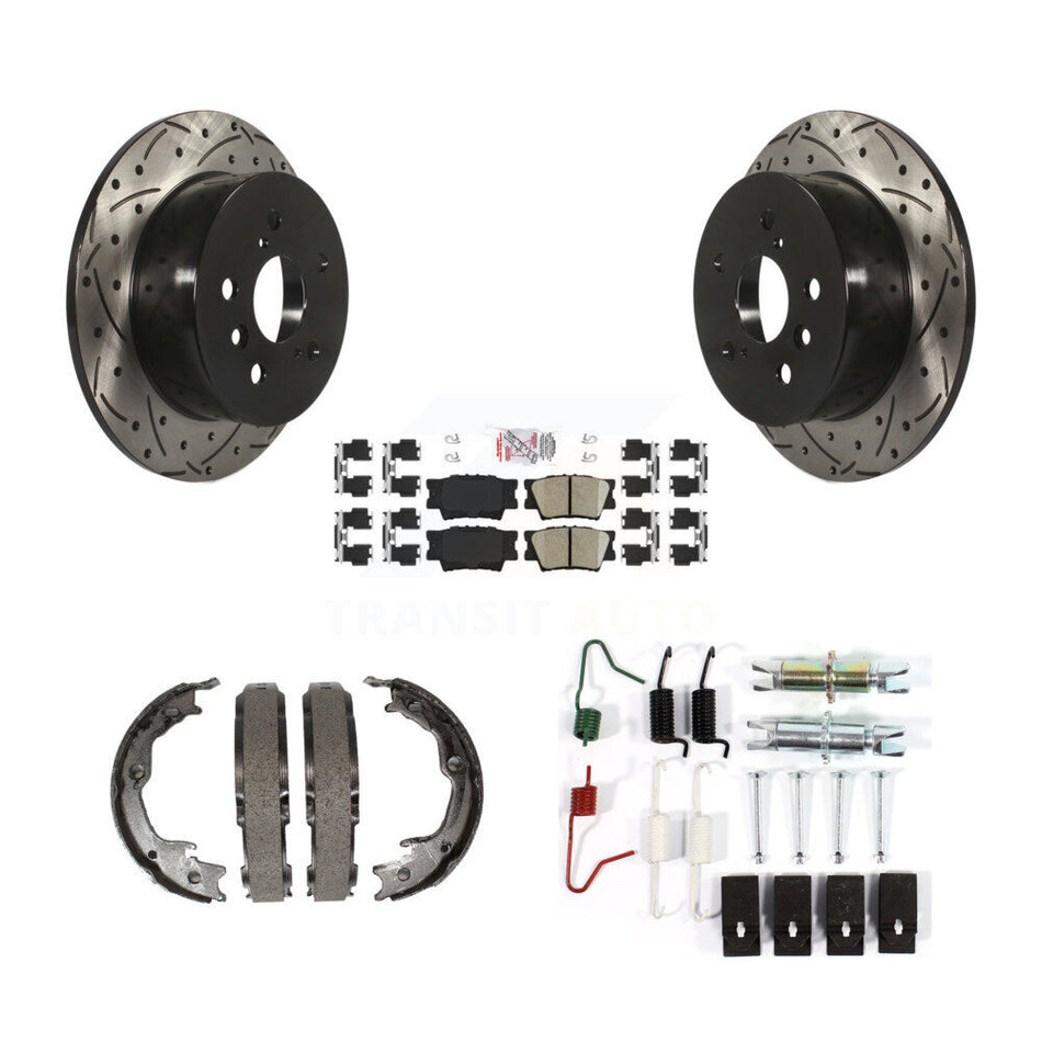 Rear Disc Drilled & Slotted Rotors Ceramic Pads Parking Shoes And Hardware Kit For Toyota KDA-103820