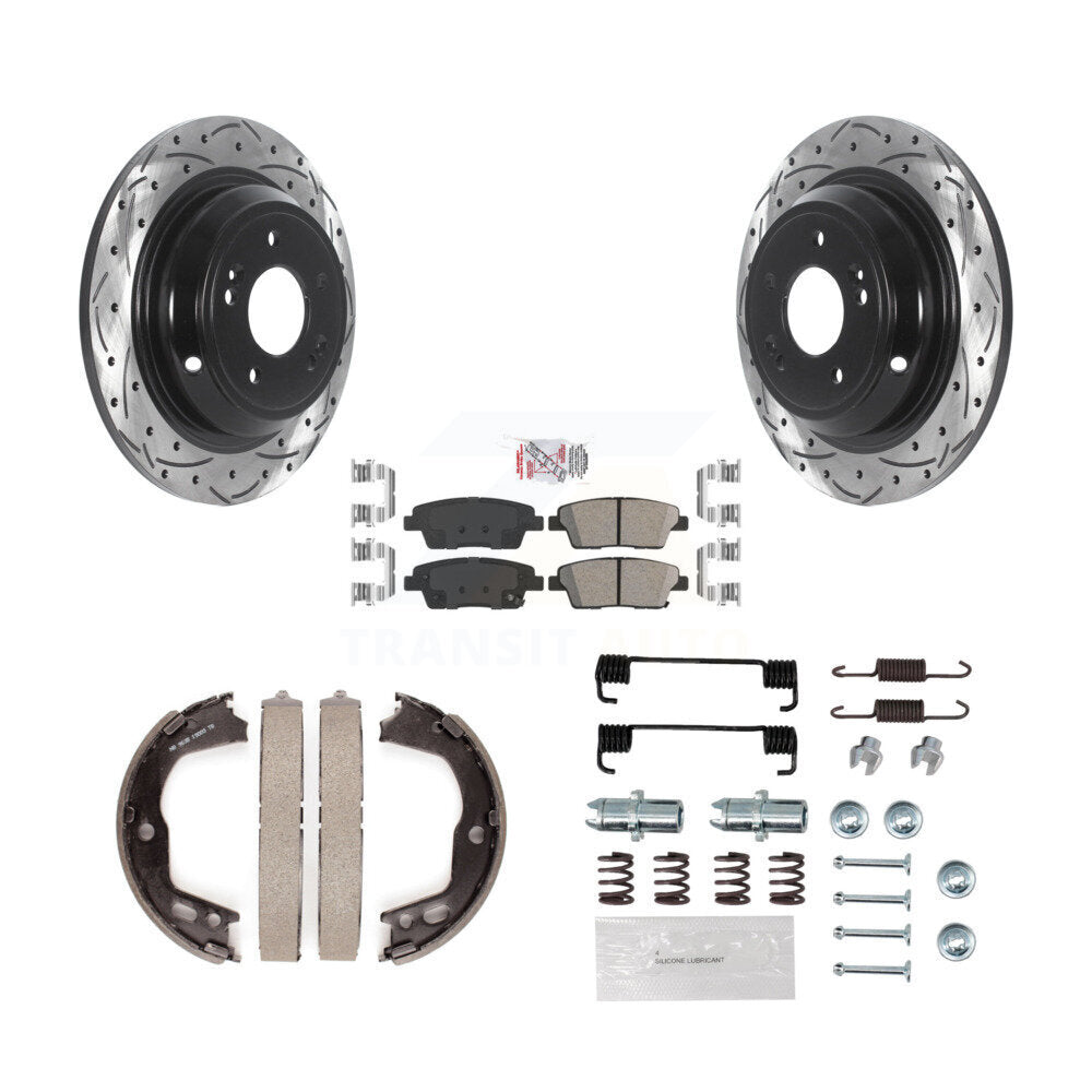 Rear Disc Drilled & Slotted Rotors Ceramic Pads Parking Brake Shoes And Hardware Kit For KDA-103825